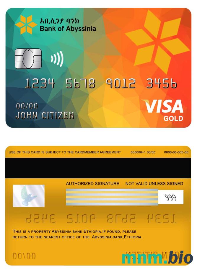 Ethiopia Abyssinia bank visa złoto karta przykład w formacie PSD